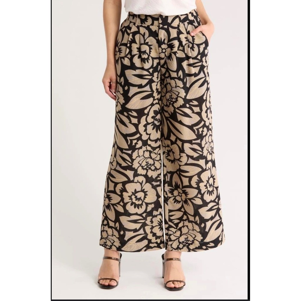 DR2‎ Womens Floral Wide Leg CuBlack Beige High Rise Pleated Pants Size L (E)